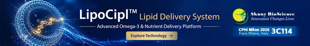LipoCipl lipid delivery system banner with a blue nanoparticle graphic, Skuny BioScience logo, and CPHI Milan booth 3C114.