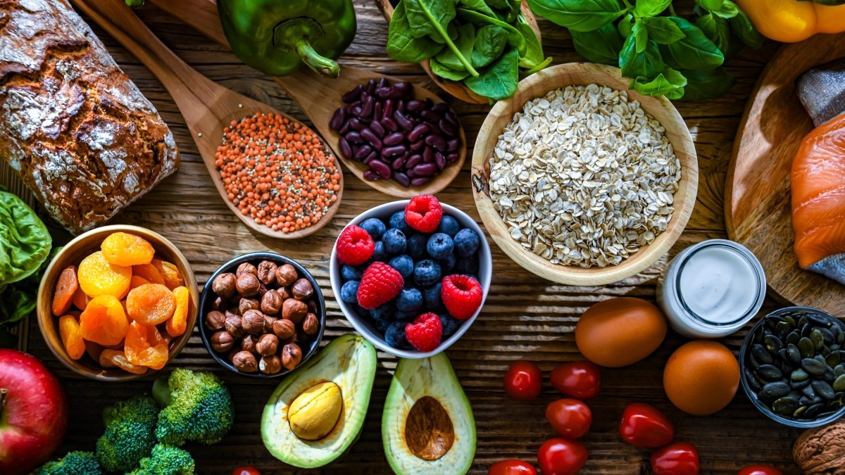 Healthy foods laid out on a table.