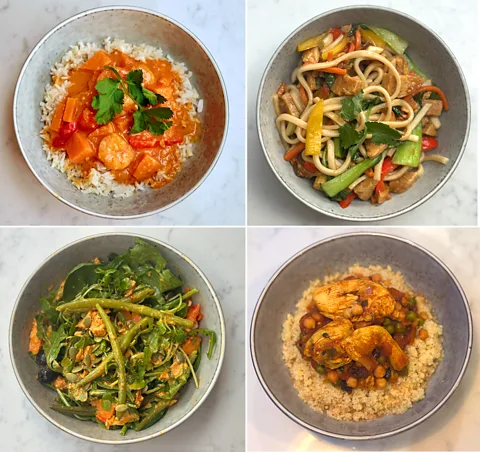 BBC/ Melissa Hogenboom I enjoyed experimenting with new recipes such as (L-R) prawn curry, tempeh noodle stir fry, salad and couscous tagine (Credit: BBC/ Melissa Hogenboom)