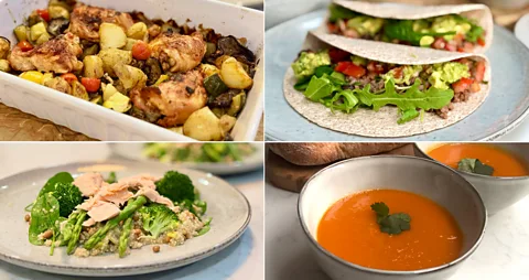 BBC/ Melissa Hogenboom Roast chicken thighs, tacos, quinoa salad and vegetable soup (Credit: BBC/ Melissa Hogenboom)
